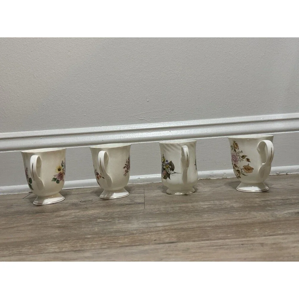 Vintage Set Of 4- Kings Court Coffee Cup Flower Mugs- India Fine Bone China